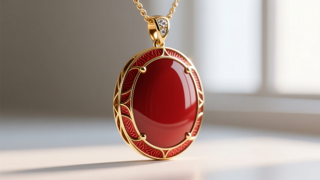 Macro shot of a Jane Wynn champlevé enamel pendant showing seamless fusion of opaque red enamel and textured 18k gold edges.