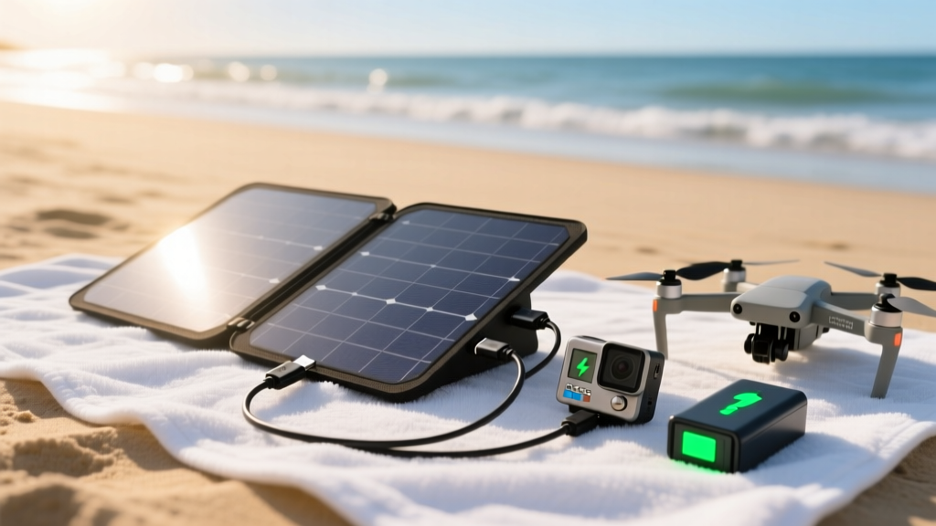 Foldable 28W solar panel on a beach towel charging an action camera and drone battery via USB-C cables in bright coastal sunlight