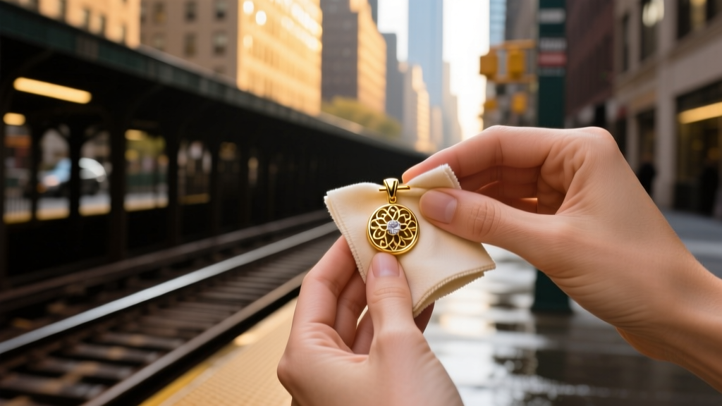 Hands gently polishing a 10k gold pendant clasp with a microfiber cloth against a blurred New York City street background.
