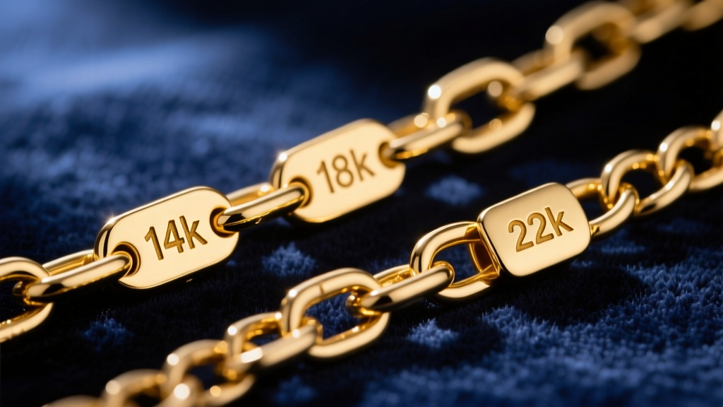 Macro shot of three gold chain links stamped with 14k, 18k, and 22k hallmarks, resting on a dark velvet jeweler's display tray.