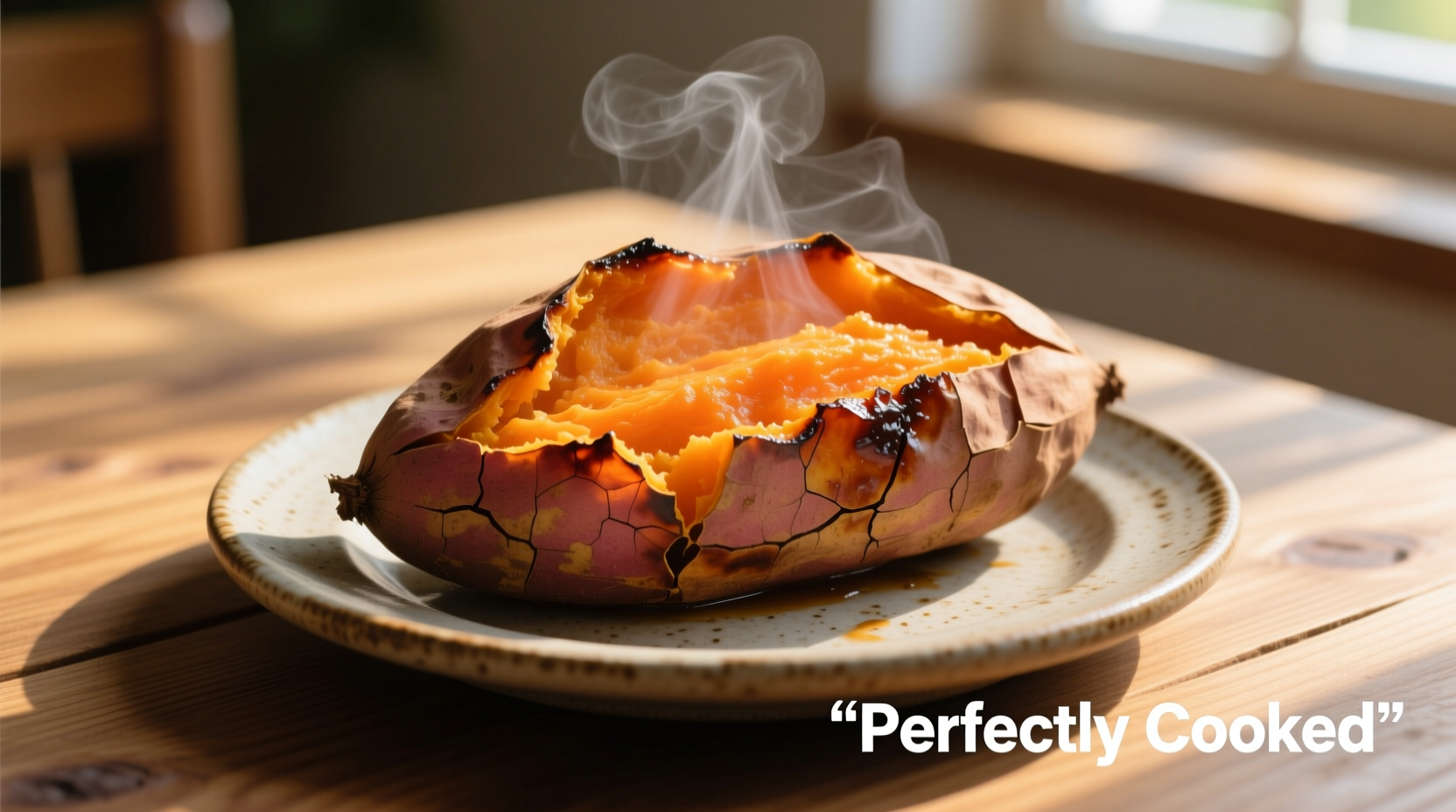 Perfectly cooked microwaved sweet potato on plate