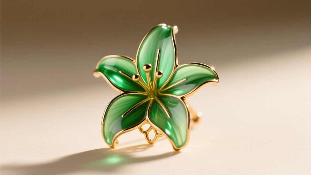 Translucent green vitreous enamel on a lily earring petal, backlit to reveal the stained-glass effect and fine gold framework