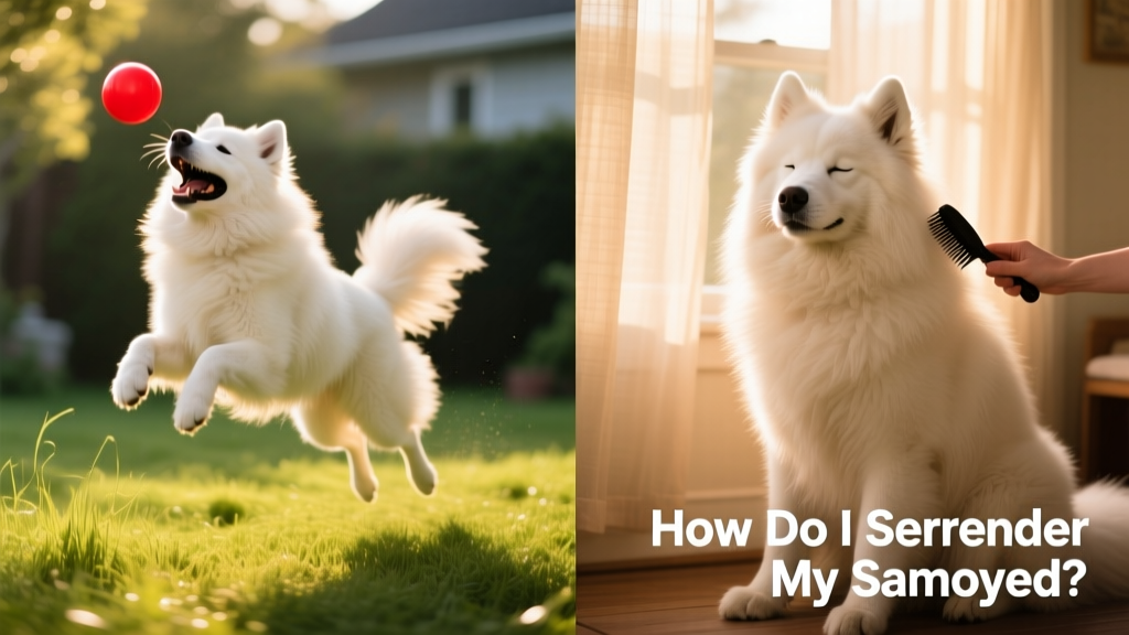 Side-by-side photos: a Samoyed happily playing fetch in a grassy yard, and the same dog being gently brushed indoors