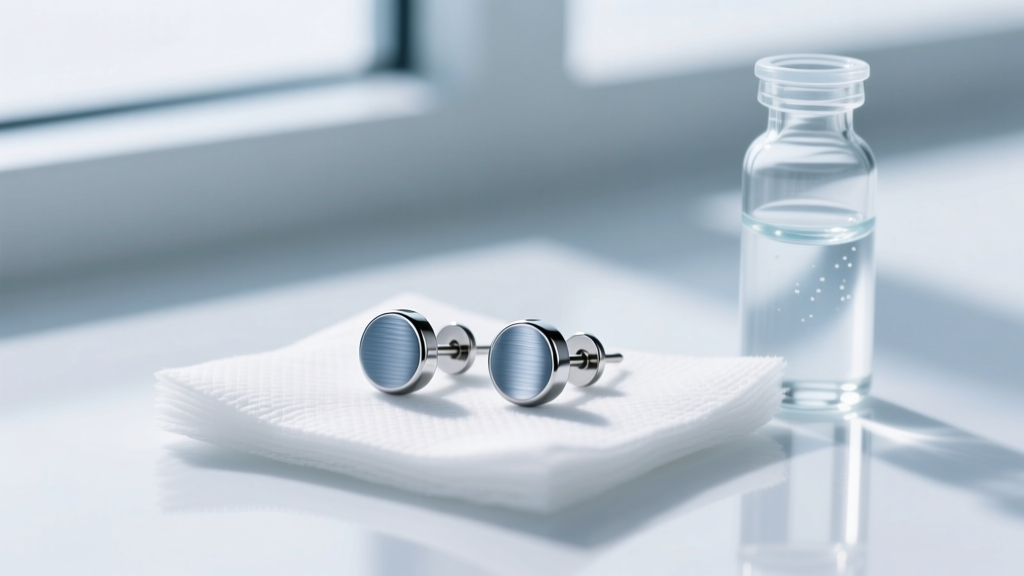 A pair of ASTM F136 implant-grade titanium threadless stud earrings resting on sterile medical gauze next to saline solution