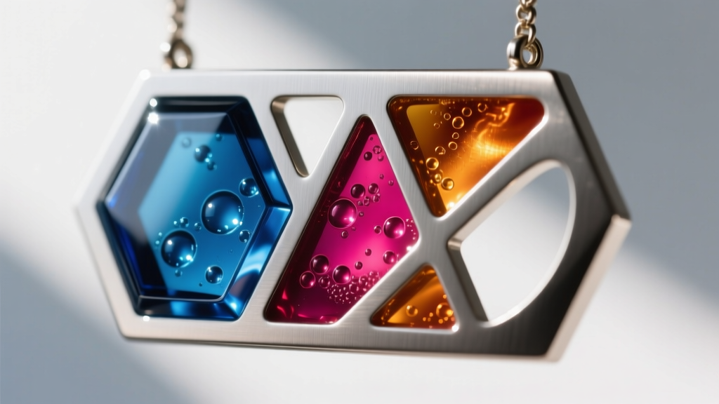 Close-up of cold epoxy resin versus hot vitreous enamel fills inside geometric shapes on a metallic pendant surface