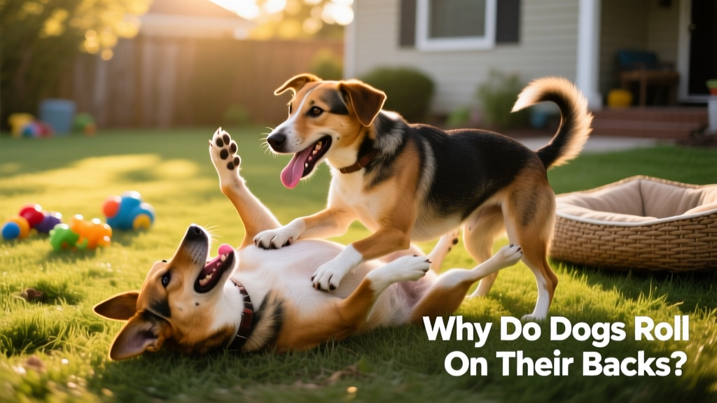 Two dogs mid-play: one gently pinning the other who lies on its back with paws up and tongue out