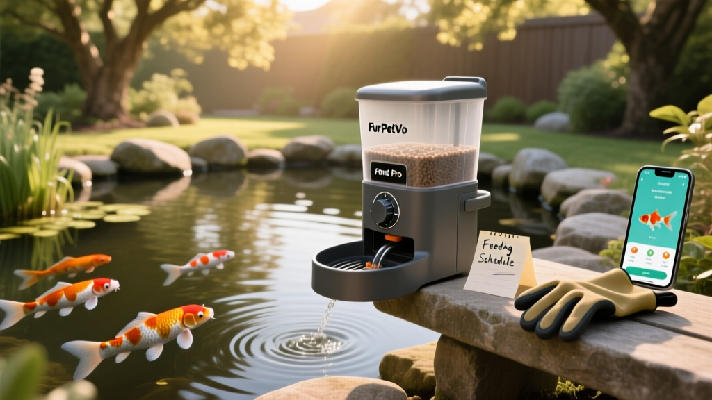 FurPetVo Pond Pro feeder installed beside a koi pond with gentle water circulation visible