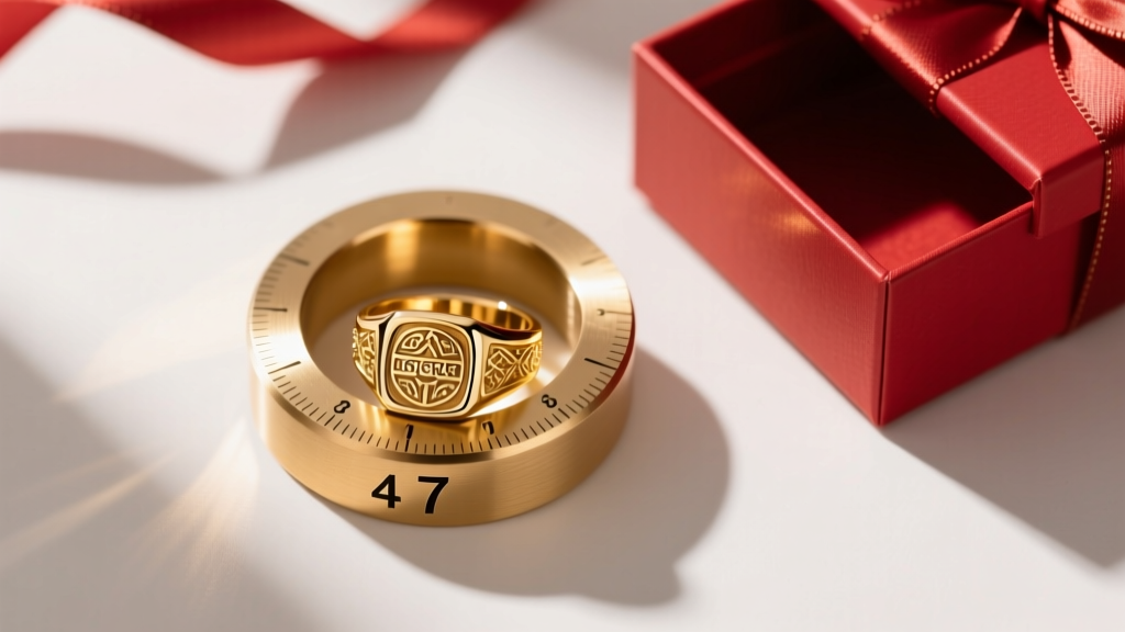 Top-down view of a brass ring mandrel with a 14k gold signet ring at the size 7 mark, next to an open red holiday gift box