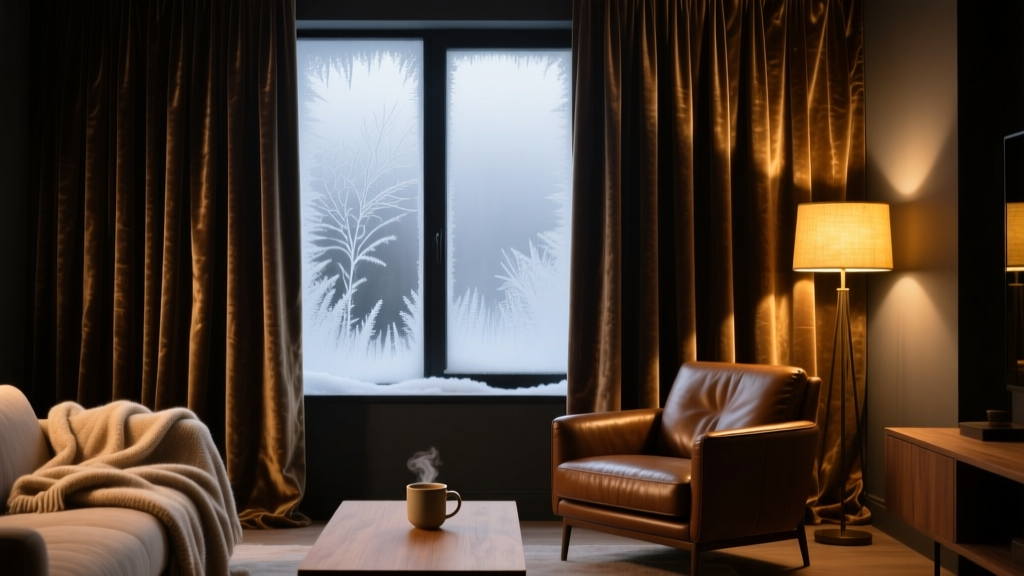 Heavy velvet thermal blackout drapes drawn across a frosty window in a cozy, dimly lit living room with warm ambient lighting