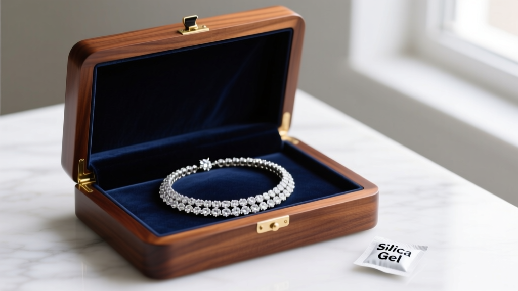 Open mahogany jewelry box displaying a coiled diamond rivière necklace on anti-tarnish velvet with a silica gel desiccant packet.