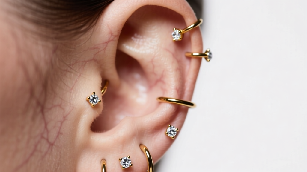 Profile of an ear with threadless cartilage piercings, featuring 14k gold clicker hoops and diamond studs in soft studio lighting