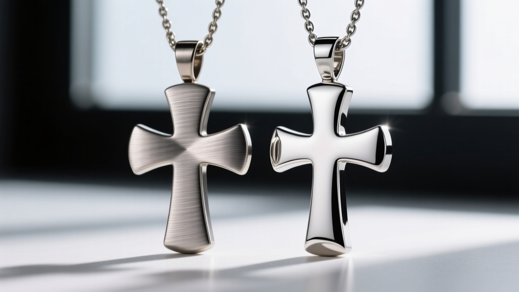 Macro shot comparing a brushed titanium cross knife pendant with a mirrored steel version, highlighting distinct surface textures.