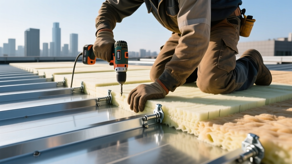 Roofer installing tapered polyiso rigid foam boards on a steel flat roof deck using heavy-duty mechanical fasteners