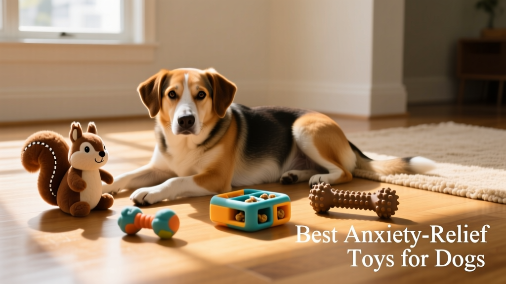 A dog peacefully resting beside a variety of separation anxiety toys—including a plush, a puzzle, and a chew toy—on a clean, sunlit floor