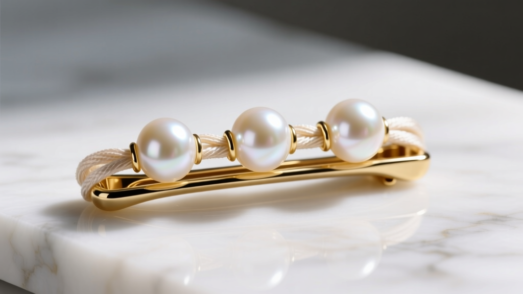 Macro shot of three strand pearl clasp showing silk threads secured into a 14k gold tongue clasp resting on a white marble surface