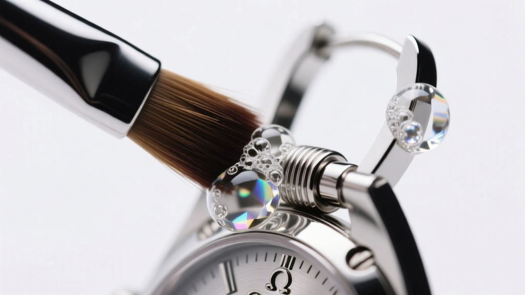 Close-up of a nylon brush cleaning the hinge of a platinum omega earring back, with gentle soap suds under bright studio lighting.