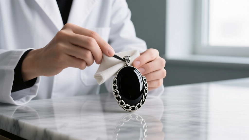 Jeweler using a microfiber cloth to polish a black enamel pendant, carefully avoiding the recessed oxidized silver chain details
