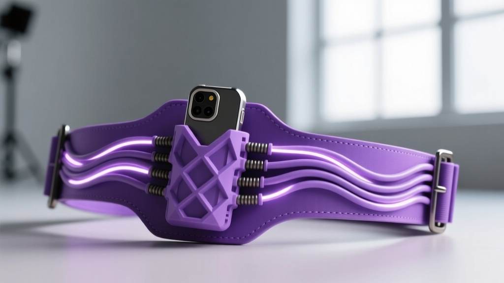 Purple cosplay toolbelt featuring a Flipper Zero device, custom 3D-printed holsters, and neatly routed 28 AWG silicone wiring