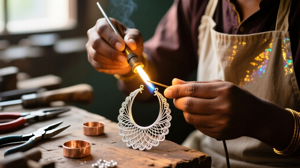 Artisan hands soldering fine silver wires for traditional Indian filigree hoop earrings at a workbench with a glowing torch.