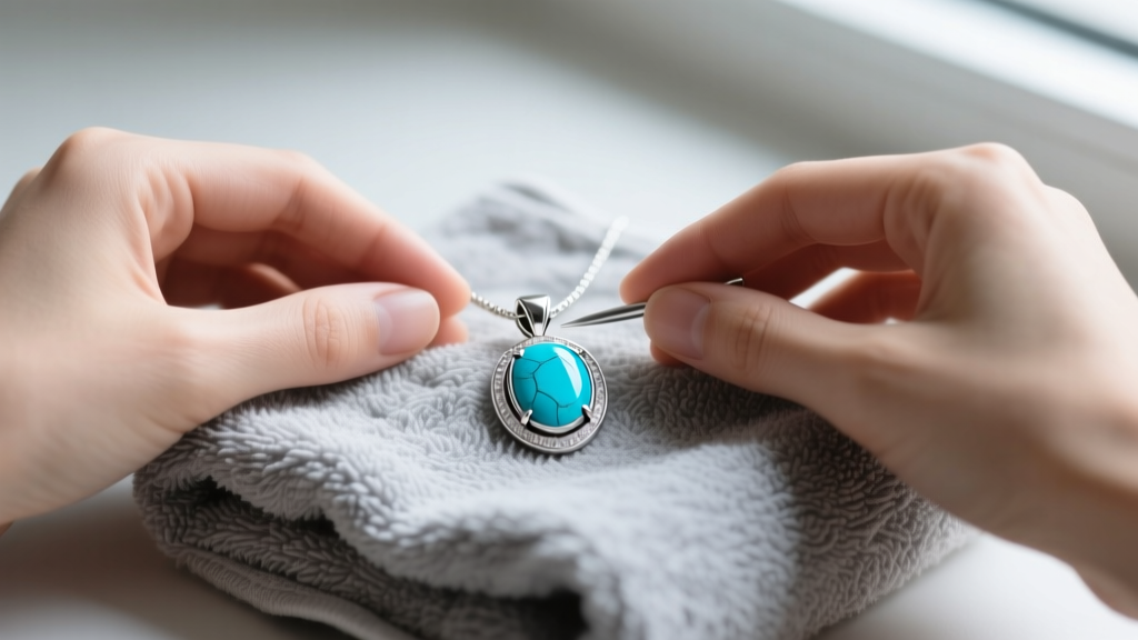 Hands using a microfiber cloth on a bright sterling silver pendant with a turquoise inlay, resting on a soft gray fabric towel