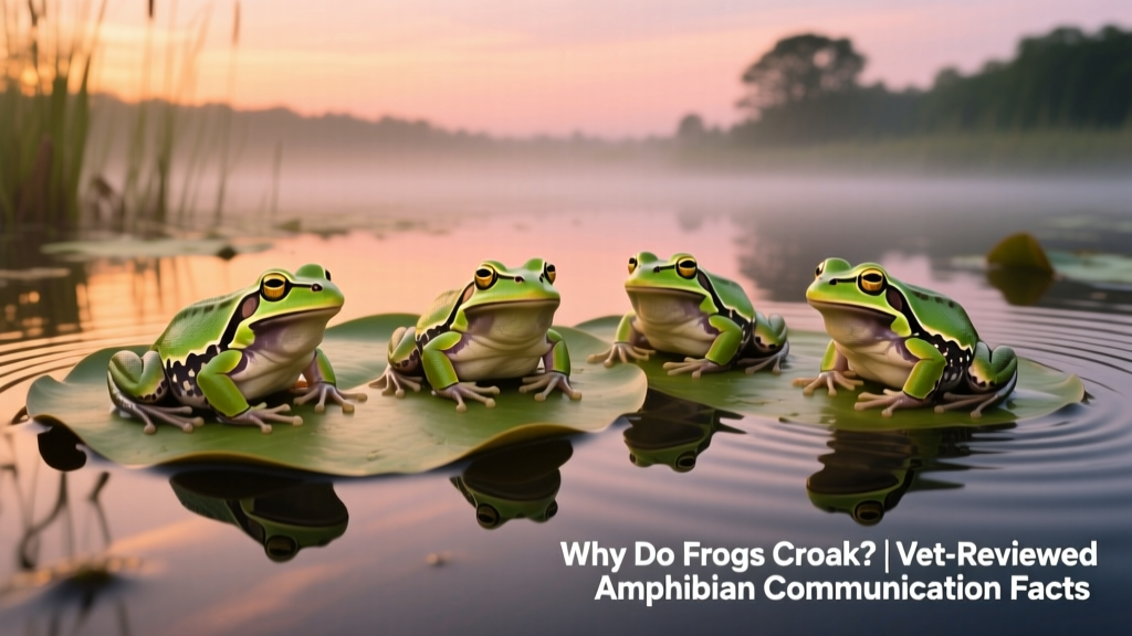 A group of frogs sitting on lily pads at dusk, with ripples visible in the water