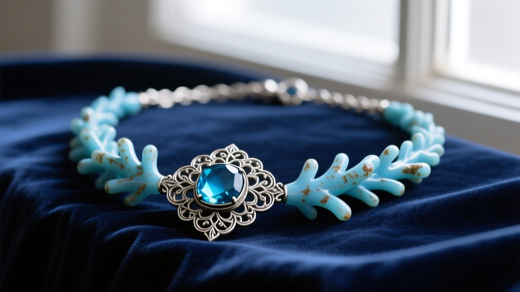 Antique blue coral necklace with a silver filigree clasp on velvet, emphasizing its vintage origin, patina, and historical value.
