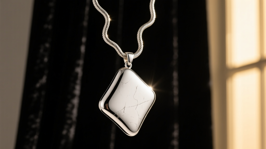 Heavy silver pendant hanging sideways on a thin snake chain against dark velvet, highlighting the bail and chain weight mismatch