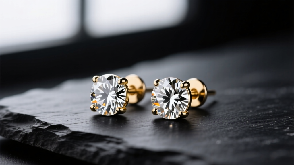 Macro shot of 14k white gold classic stud earrings with round brilliant diamonds on dark slate, soft lighting highlighting facets.