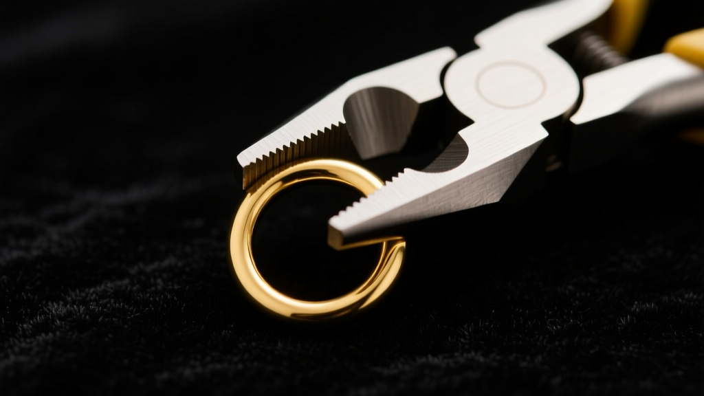 Flat-nose pliers gently twisting open an 18-gauge gold jump ring on a dark velvet mat under bright professional studio lighting.