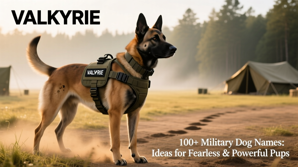 A confident, well-trained working dog in tactical gear standing alert outdoors