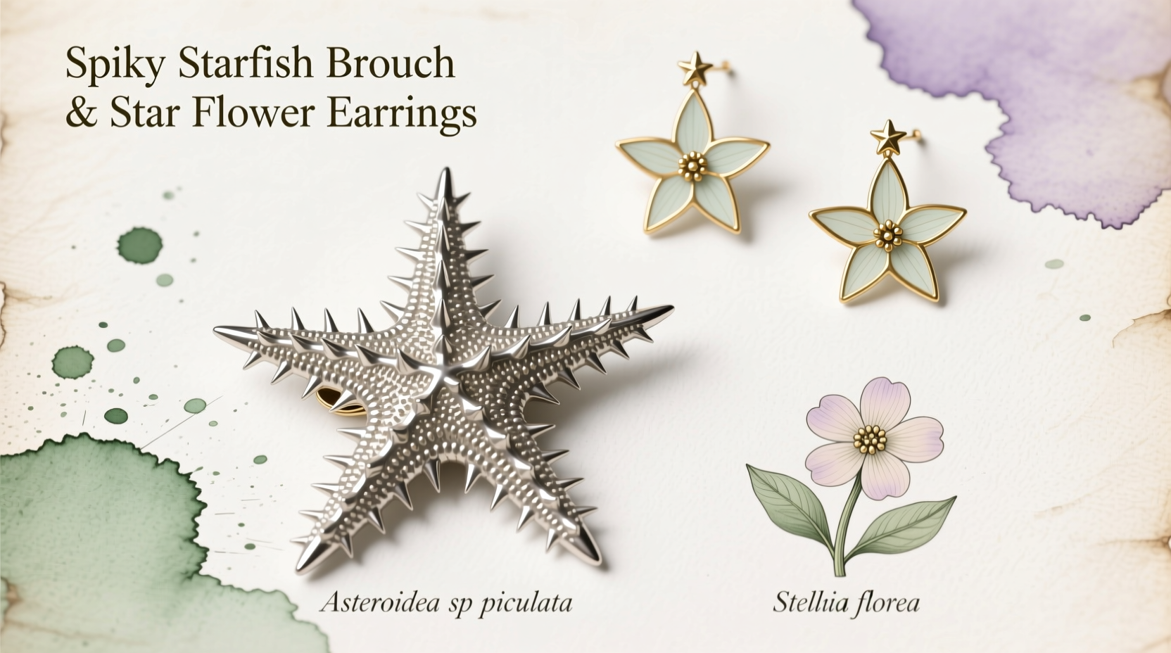 spiky starfish brooch and star flower earrings