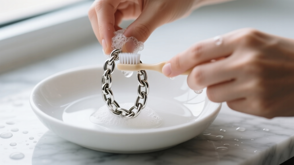 Hands scrubbing a thick silver chain hoop earring with a soft baby toothbrush and soapy water inside a shallow white ceramic dish