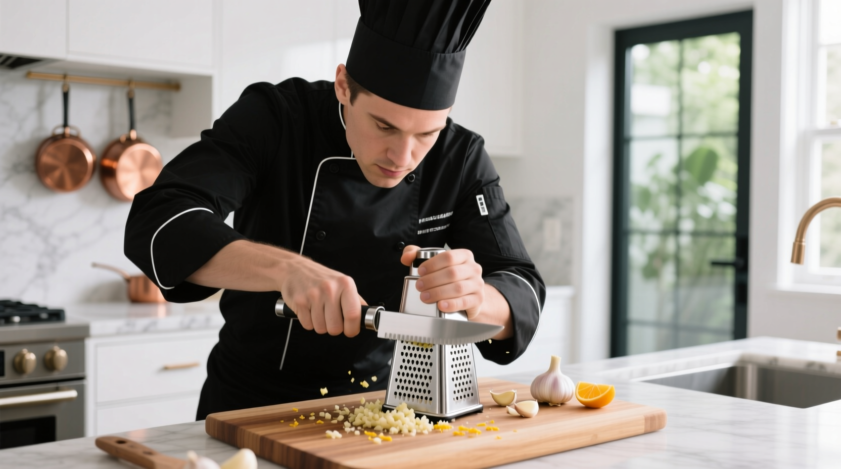 Professional chef using stainless steel garlic micer on cutting board