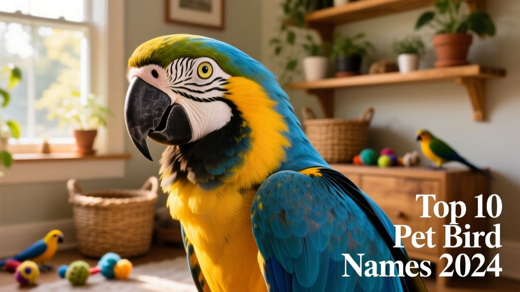 Close-up portrait of a curious blue-and-yellow macaw looking directly at the camera