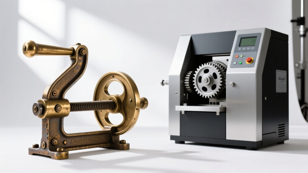 Side-by-side view of a manual lever ring stretcher and a gear-driven sizing machine displayed on a clean white studio background