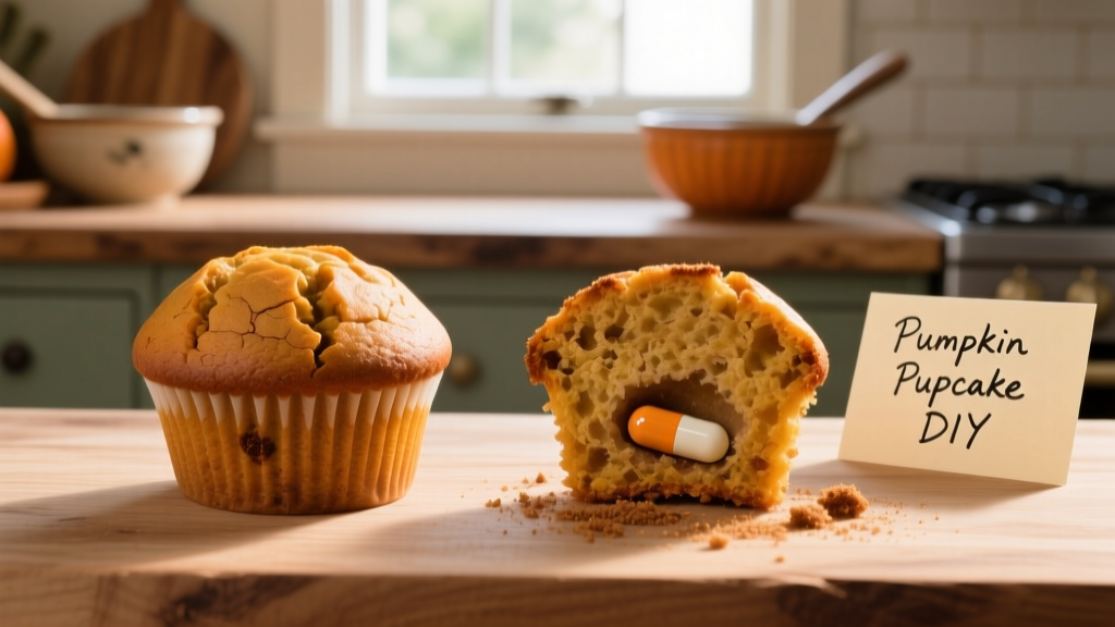 Side-by-side comparison of a whole pupcake and one with a hidden pill inside the base