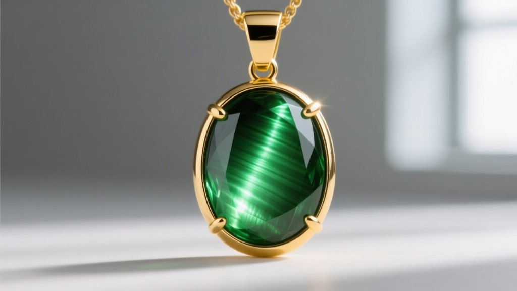 Macro photography of a natural chrysoberyl cat eye cabochon pendant set in 18k gold, showing a sharp bright green chatoyant band