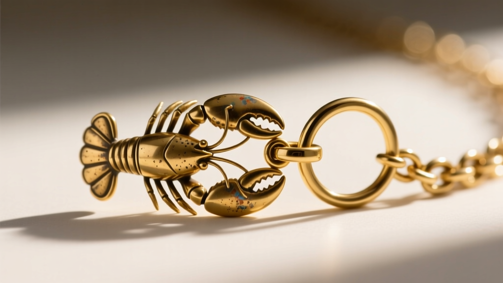 Close-up of a brass lobster clasp and jump ring on a gold-tone chain, showing minor wear and tarnish at the metal connection point.