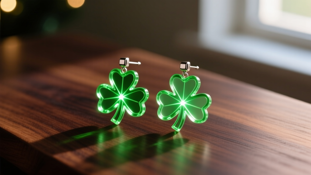 Glowing green acrylic shamrock light-up earrings with steel posts resting on dark wood under soft festive lighting