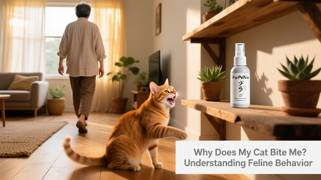Cat owner calmly walking away after a gentle bite, with FurPetVo calming spray visible on nearby shelf