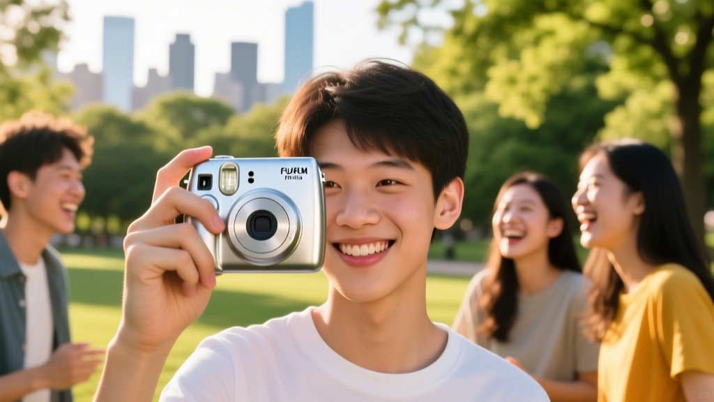 Teenager holding the silver Fujifilm Instax Pal camera between their thumb and index finger while taking a candid photo of friends outdoors