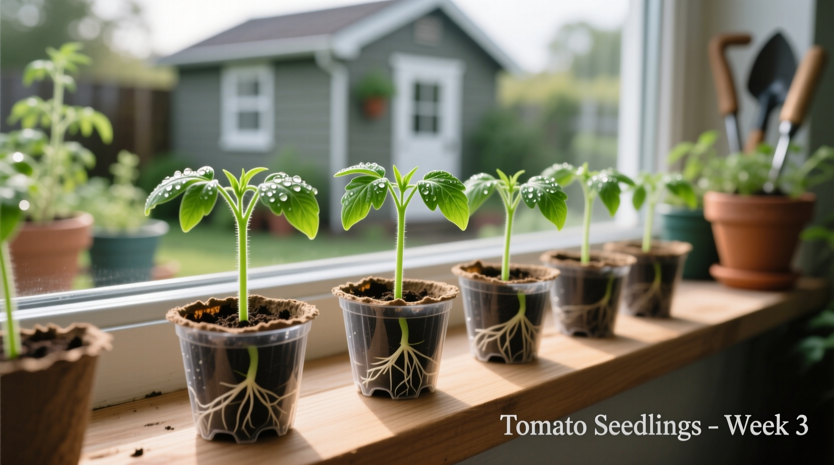 Tomato seedlings growing in small containers with proper spacing