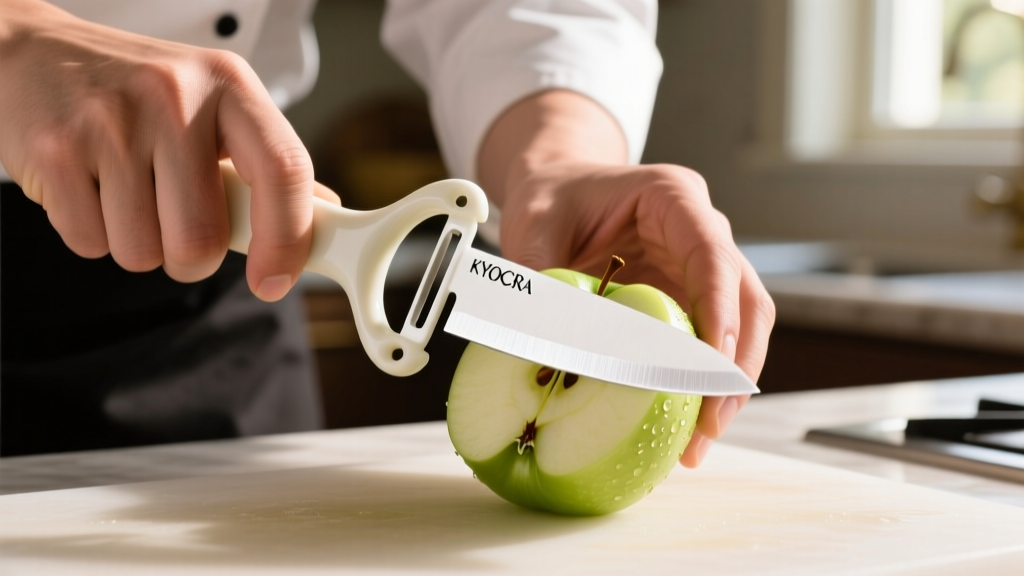 Close-up of a cook using a Kyocera ceramic peeler on a crisp green apple, highlighting the non-oxidizing white zirconia blade edge