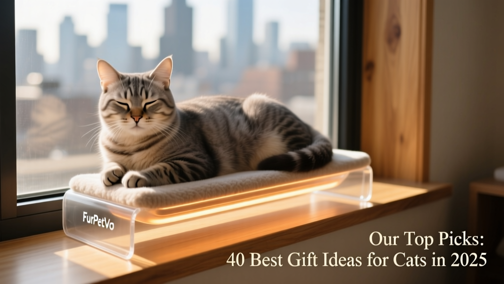 A relaxed cat lounging on a FurPetVo heated window perch with sunlight streaming in