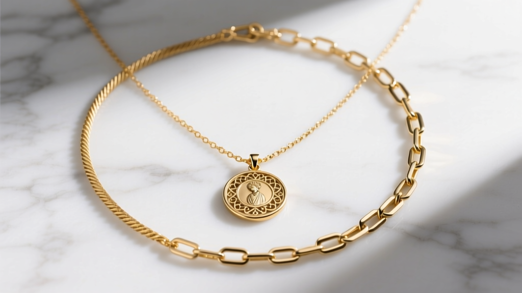 Flat lay of layered gold necklaces: a 15-inch cable chain, 17-inch Mary medallion, and 20-inch paperclip chain on marble.