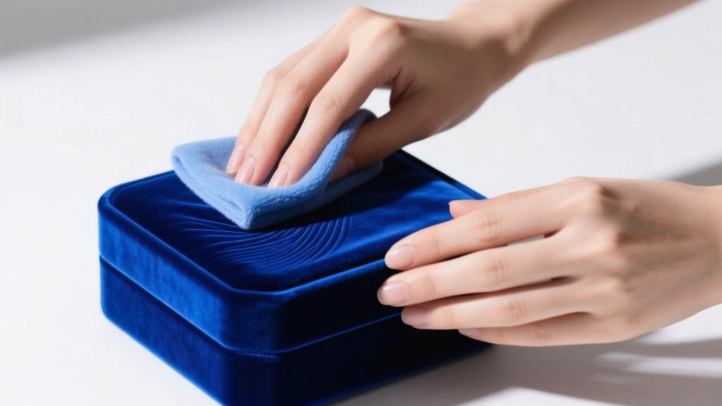 Hands gently wiping sapphire blue velvet jewelry box with soft microfiber cloth, highlighting the rich texture and deep color.