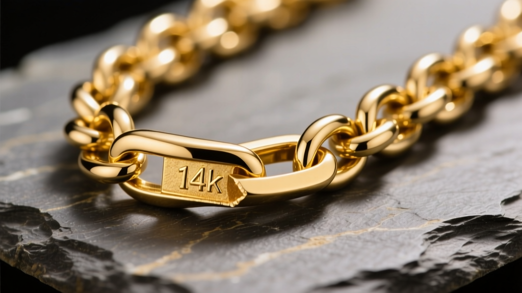 Macro photo of 14k gold filled chain on slate, showing thick gold layer and brass core at cut end under bright studio lighting.