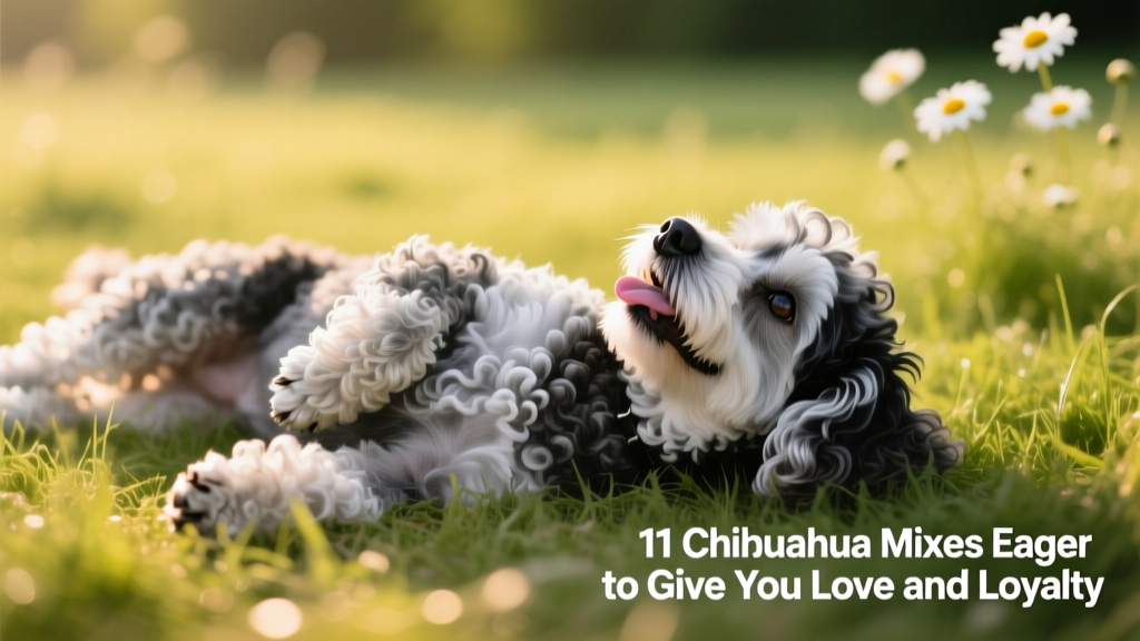 Silver and black Chipoo, Chihuahua Poodle mix, with poodle curls laying on his back in the grass