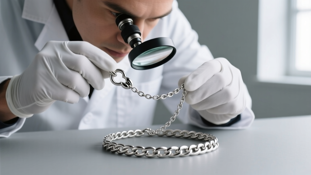 Jeweler inspecting a sterling silver basket weave chain clasp with a loupe, focusing on the laser-welded lobster claw mechanism.
