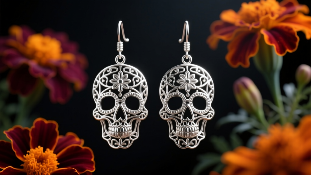 Sterling silver Day of the Dead filigree skull dangle earrings against dark marigolds, soft studio lighting, macro photography
